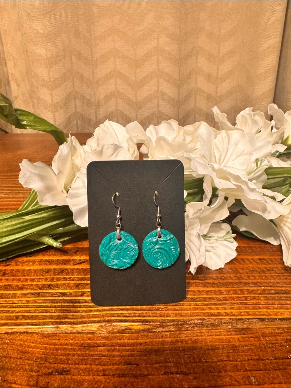 Teal Textured Round Dangle Earrings